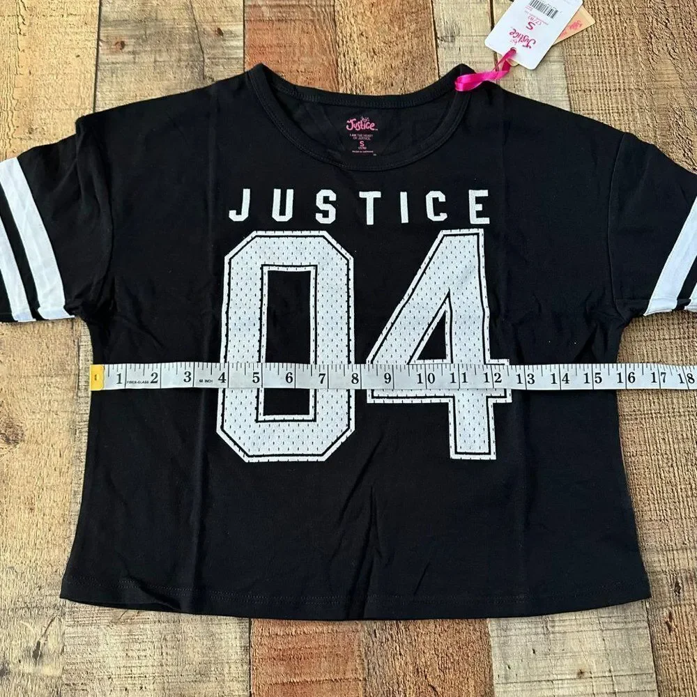 Justice Girls Armstrip Boxy Tee Varsity Short Sleeve Shirt in Black -7